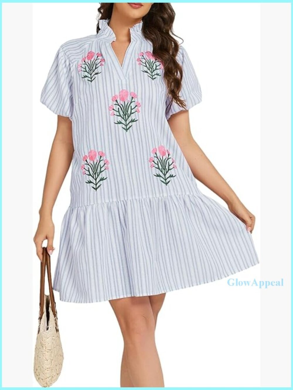 Floral Embroidered Mini Dress Puff Sleeve V Neck Babydoll Boho